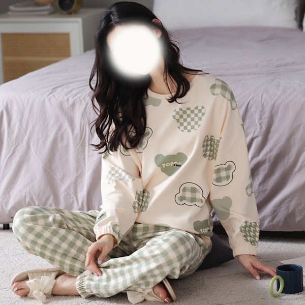 Dam pyjamas i bomull med långa ärmar och byxor, tunn tröja, vår- och höstset för hemmet Style-2 L