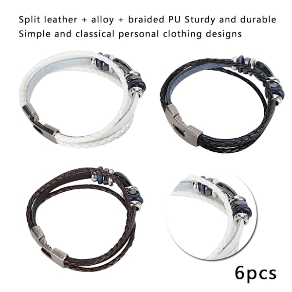 6 st armband handvävda split läder flätade PU herr dam retro armband 23 cm