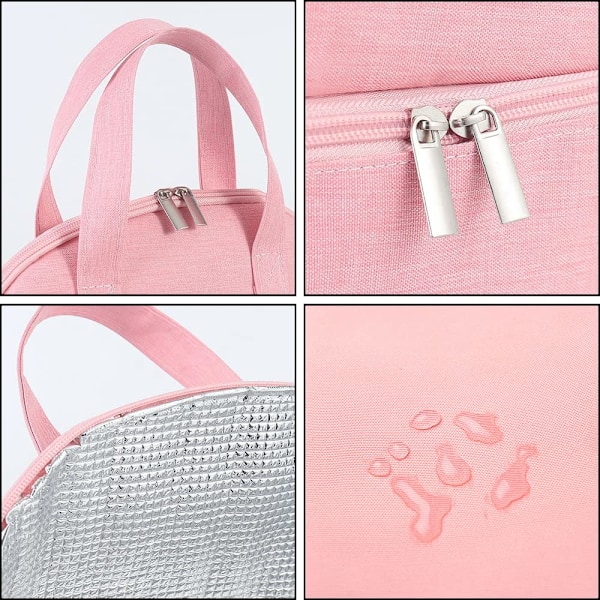 Frokosttaske isoleret taske, lille sammenklappelig køletaske til arbejdsskolen, picnictaske til kvinder, voksne, studerende og børn pink