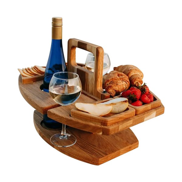 Middagstallrik, avtagbart vinpicknickbord, portabel miniserveringsfat, fruktbricka och vinbricka i ett, med 4 matceller