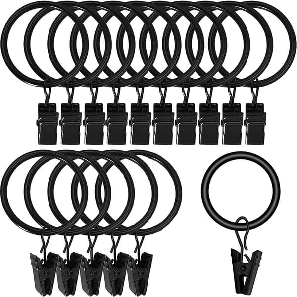 Gardinringe, 16 stk., 38 mm, rustfrit stål sort, med clips, til badeforhæng, tykke