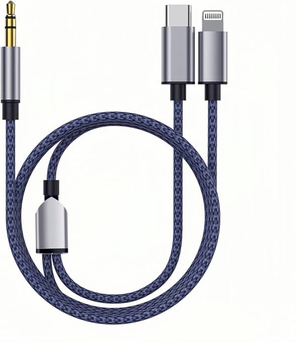 Flätad nylon USB C & Lightning till 3,5 mm Jack Audio Adapter Aux-kabel