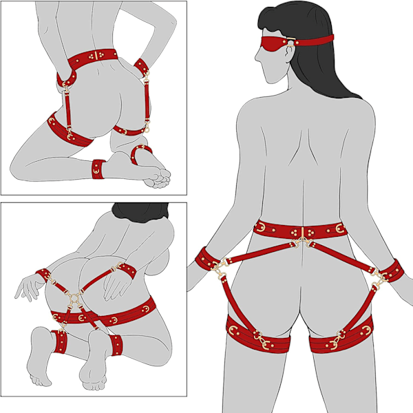 Sexuellt Bondage SM-kit 6 delar Justerbara Handbojor Fotbojor Lårbojor Ögonbindel Korsband Midjeband Leksaker för Vuxna för SM-spel