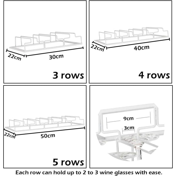4 rader hengende stålholder Metall Vinglassholder Montering under skapet, hvit