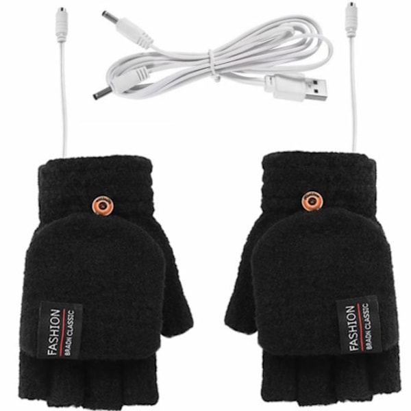 Unisex Oppvarmede Hansker USB Elektriske Strikkede Vanter Hel Halv Finger black
