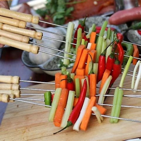 Sett med 12 grillspyd i rustfritt stål Gjenbrukbare metallnåler Trehåndtak grilling (30 cm)