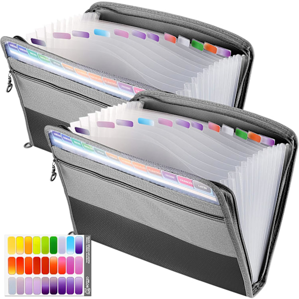 2-pack expanderande A4-mapp, 13 fack Dokument dragspelsmapp Sorteringsmapp med dragkedja, dokumentväska Canvasväska Väska Bågm 2 Pack Gray Expanding Folders