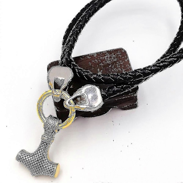 Rostfritt stål Viking Varg Huvud Tvåfärgad Tor's Hammare Hänge Läderkedja Herrhalsband Smycken (stil 1 svart, 50cm)