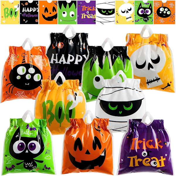 108 stk Halloween godteposer med snøring med 9 karakterdesign, mini Halloween gaveposer, trick or treat poser for Halloween fest gjestegave