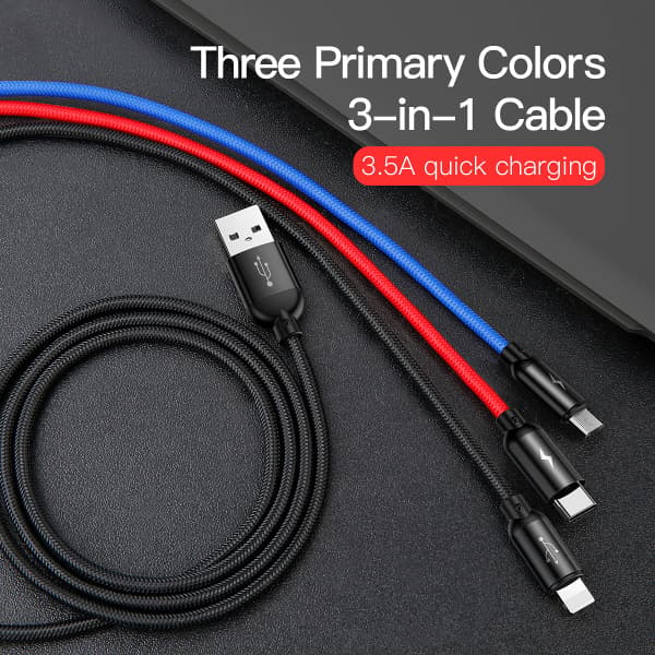 Baseus 3-i-1 multilader, USB-C/Lightning/MicroUSB, 3,5A, 1,2m