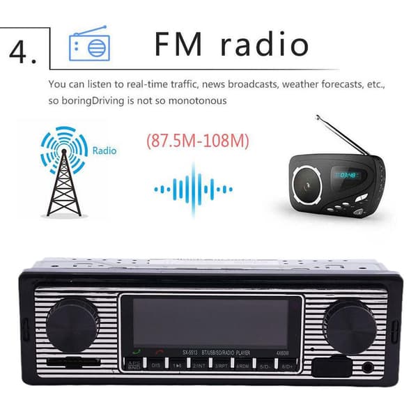 Vintage Bluetooth Bilstereo MP3-spiller Audio FM Aux USB-mottak