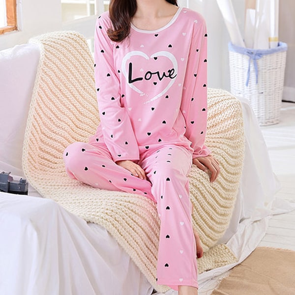 Långärmad pyjamas för kvinnor, 2-delat byxset för kvinnor Rosa hjärtset pink heart pink heart M