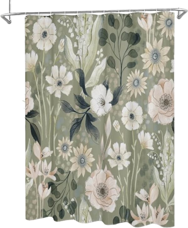 Duschdraperi, mögelresistent tvättbart, grönt blommönster, 180x200 cm, badrum