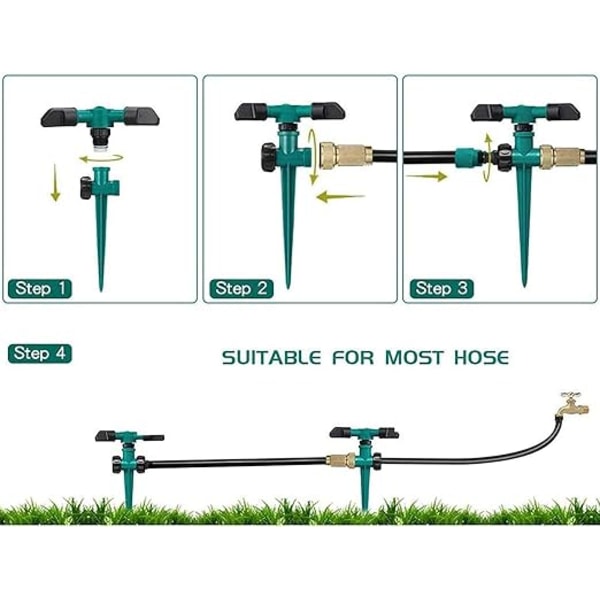 3 stk. 360° Automatisk Græsplæne Vandingssystem, Trearmsroterende Sprinkler