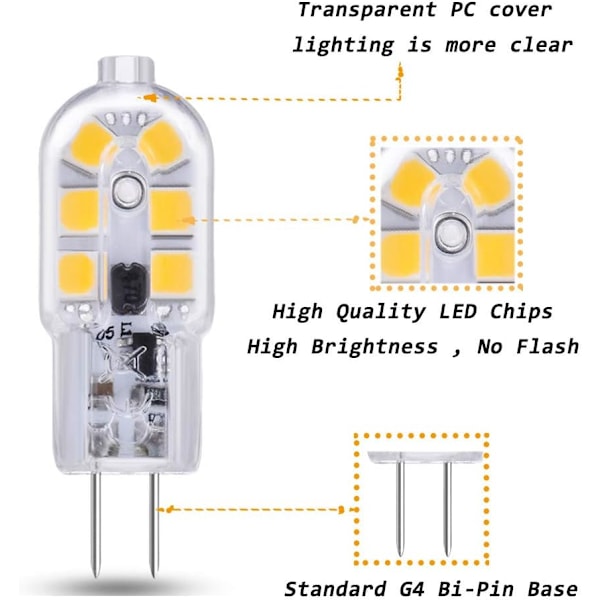 G4 LED 12V 2W Varmvit 3000K, 200lm, G4 10W 20W Halogen motsvarande, ej dimbar, Bi-pin G4 12V LED AC DC för Krona, Bordlampa, set om 6