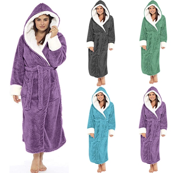 Hættetrøje Sherpa Robe Lang Blød Fuzzy Morgenkåbe Lilla Lilla Purple XL