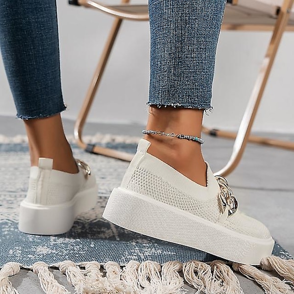 Sko til dame, hverdag, kilehæl, rund tå, minimalisme, mesh, loafers, ensfarget, svart, hvit, khaki, Khaki Khaki 36