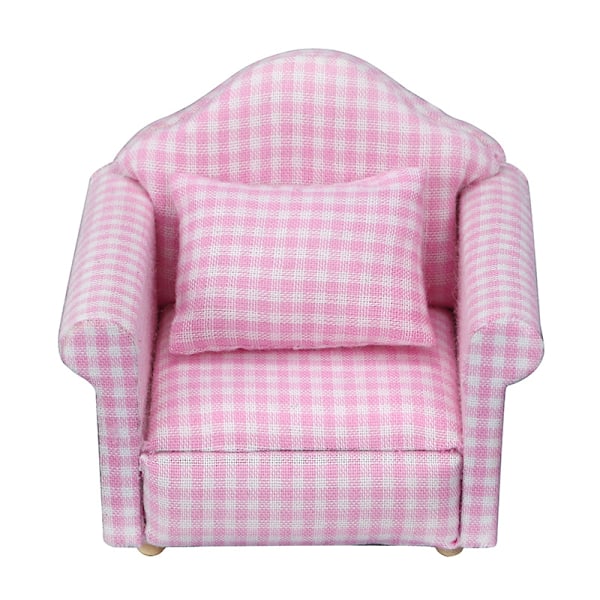 Lantlig Stil Armstol Mini Soffa Dockhus Miniatyr Soffa och Set Träsimuleringsmöbler Flickors Favoritpresent Pink check