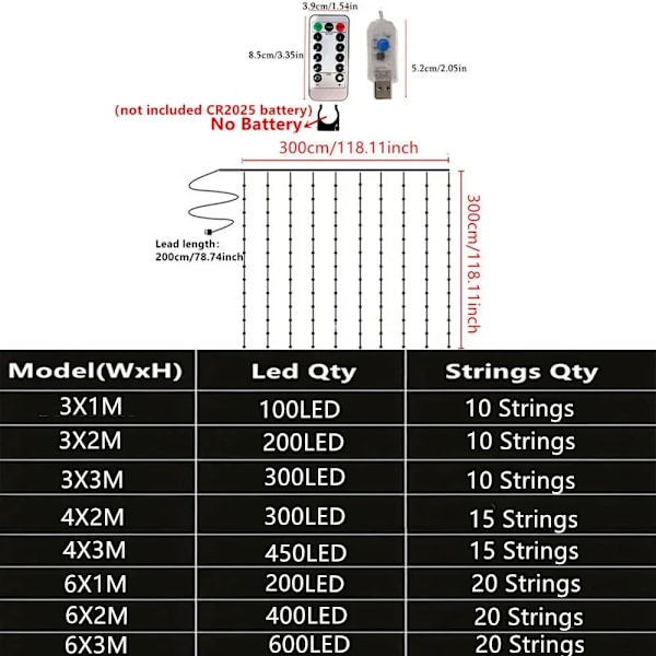 3/4/6M USB LED Gardinlys Lyslenke for Nyttår 2025 Jul Bryllup Bursdag Soverom Ramadan Hjemmedekor Hvit White 6x3M 600LED