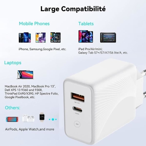 30W Snabbladdare med 2 Portar - PD20W + QC 3.0 för iPhone 16 Pro, iPhone 16 Pro Max, iPhone 16 Plus, iPhone 15 Pro, 15 Plus - Vit