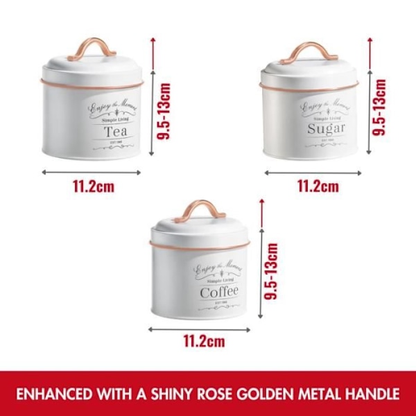 Vintage dåsesæt - HERZBERG - HG04432 - Hvid med rosaguldskant - Sæt med 3 - Metal Vit, roséguld