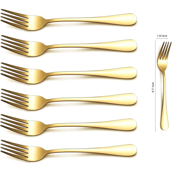 Guld middagsgaffel 6 stk., Rustfrit stål 20,5 cm gafler guld titanbelægning bryllupsservice, guldgafler sæt med 6