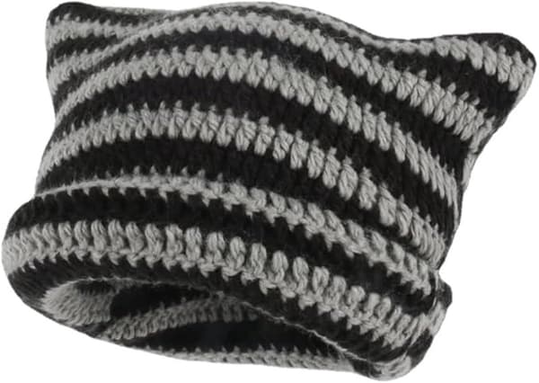 Fairy retro stickad mössa, kattmössa, randig virkad lös beanie