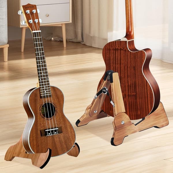 Gitarrstativ i trä, hopfällbart A-ramsstativ med skumvaddering för akustiska gitarrer, elgitarrer, bas, cello, fiol, banjo, brun