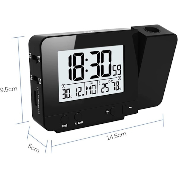 Projektionsklocka, digital väckarklocka, LED-displayprojektionsklocka med bakgrundsbelysning och snooze, 2 larmljud (svart)