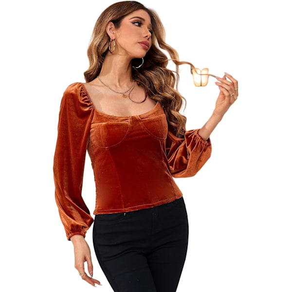 ivimos Dame Høst Fløyel Lange Ermer Firkantet Hals Casual Vintage Korte Topper Bluse Rustbrun X-Small