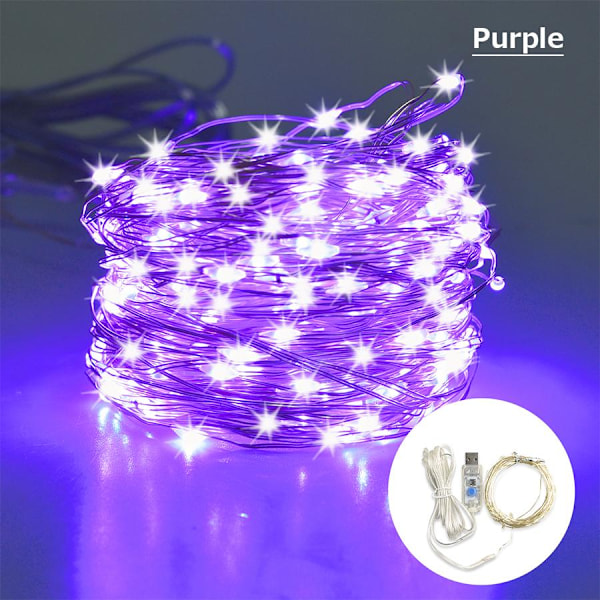 Julelys LED 10M Feelysslyng USB Nyttår Bryllup Fest Ferie Festoon Utendørs Gatekrans Rombelysning Dekorasjoner Purple