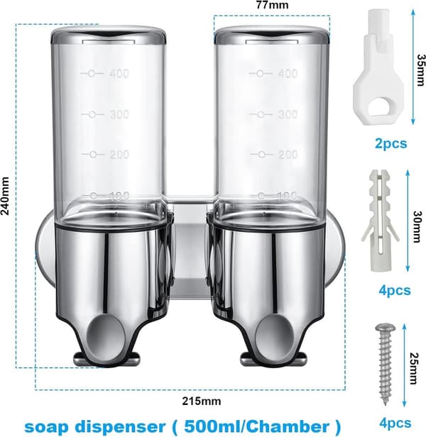Veggmontert såpedispenser - 2 beholdere - 2x500ml - Rustfritt stål - Sjampodispenser