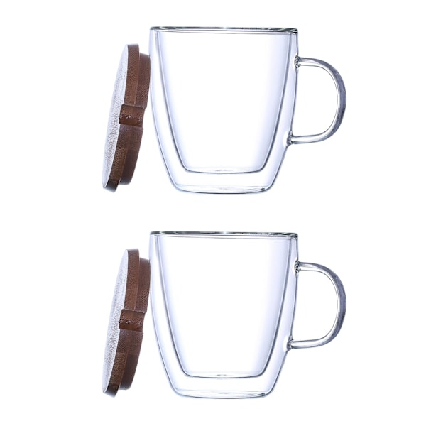 Dubbelväggiga kaffemuggar i glas med trälock, 2 st/set, isolerade klara espressokoppar