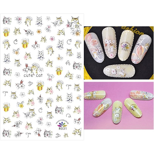 Dyre-katt-negleklistremerker 8 ark Nail Art Stickers Dekaler Selvklebende Nail Art Stickers Negledekorasjon Negltilbehør