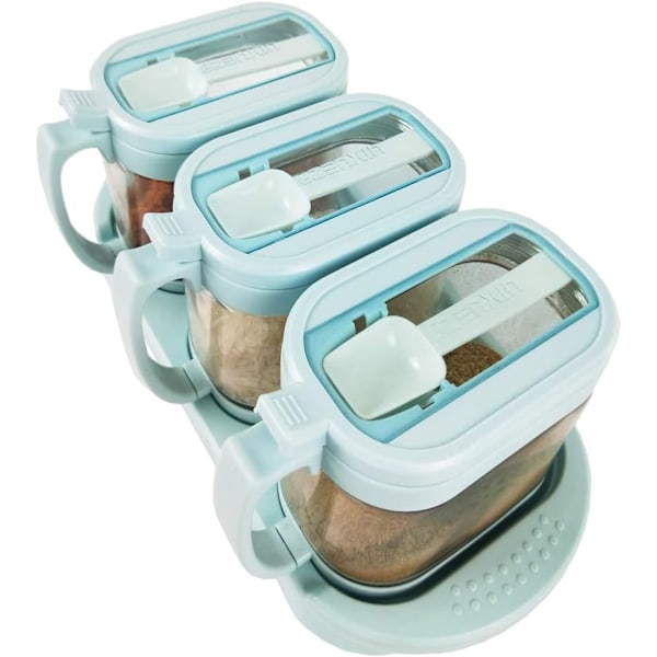 (Blå färg) 3-pack kryddburkar i transparent glas med bricka