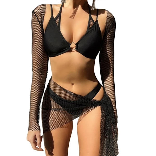 4 st/set Baddräkt för Kvinnor Linne BH String Plisserad Kjol Utskurna Baddräkter Halterneck String Badkläder Svart Black M