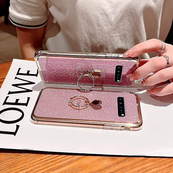 Skal för Samsung Galaxy S10 (inte S10 Plus) Flicka Kvinna Sött Lyxigt Glitter Glänsande Glittrigt Fodral Med Ringstativ Hjärta Tunt Mjukt Stötsäkert Skydd P