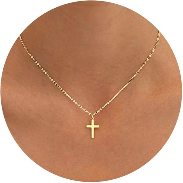 Fint gullkors halskjede for kvinner, 18K gull/sølvbelagt lite kors anheng sidelengs choker halskjede italiensk horn Cornicello halskjede lag