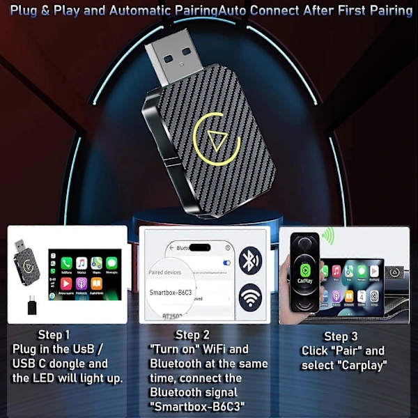 Trådlös CarPlay-adapter 2025 Uppgraderad, Trådlös CarPlay-dongel, Konverterar trådbunden CarPlay till trådlös, Plug and Play CarPlay Trådlös Adapter Silver