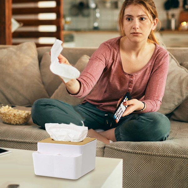 Serviettholder Boks, Ansiktsserviettholder med Trelokk, Serviett Dispenser Boks Beholder med Fjernkontroll Penn Skrivebordsforvaring square