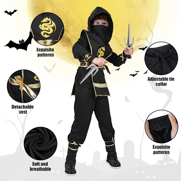 Svart Ninja-kostymer for barn Ninja Deluxe-kostymer sett med Ninja-skumaccessoarer leksaker Halloween-kostyme jenter gutt XL