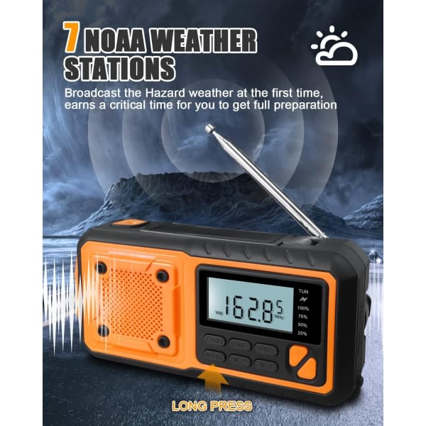 Nyaste nödradio, 4000mAh Power Bank Solar Hand Crank Radio, AM/FM/WB och Alert Portable Weather Radio-WELLNGS