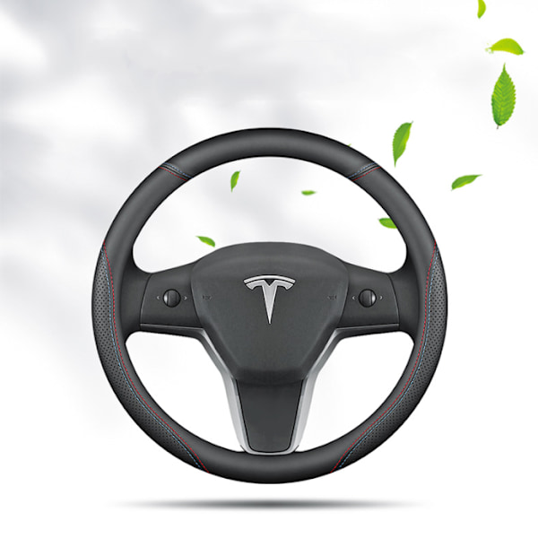 Passar Tesla Model 3/Y/Model X/S rattöverdrag - Tesla special D-form (tvåfärgad linje) med logotyp - 36cm/1st