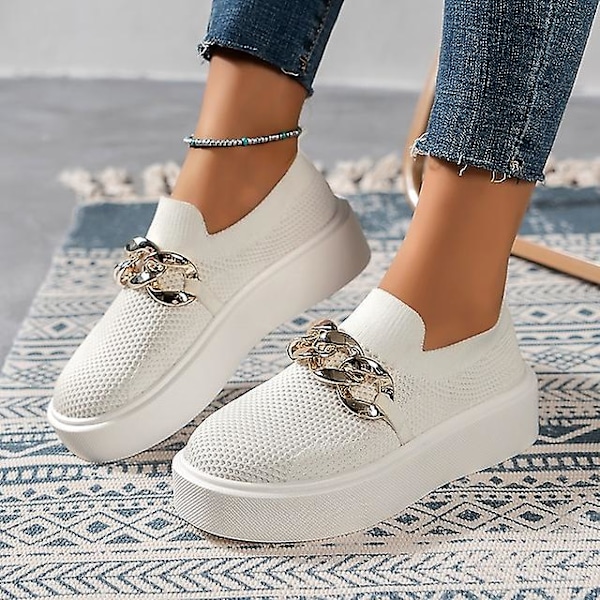 Dam sneakers vardagliga kilklack rund tå minimalism mesh loafer enfärgad svart vit khaki Vit White 40