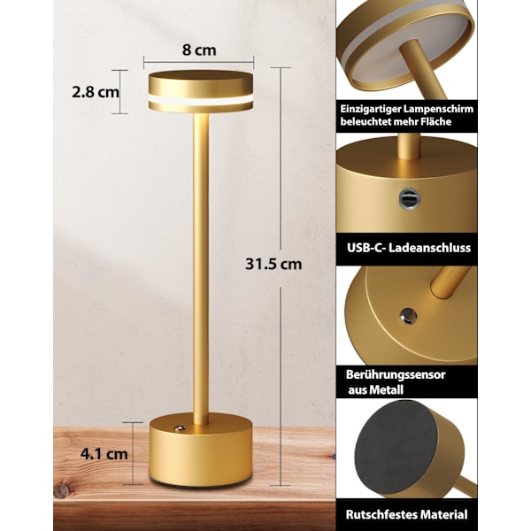 LED bordlampe med berøringsbryter, trådløs, oppladbar, batteri, full aluminiumslampekropp, 3-nivå dimming, 1800 mAh batteri, 3000K varmt lys gold