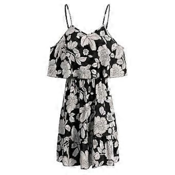 Chic Sort Blomstret Spaghettistroppekjole - Trendy Bar Skulder Elastisk Mellemhøj Talje Sommermode, L