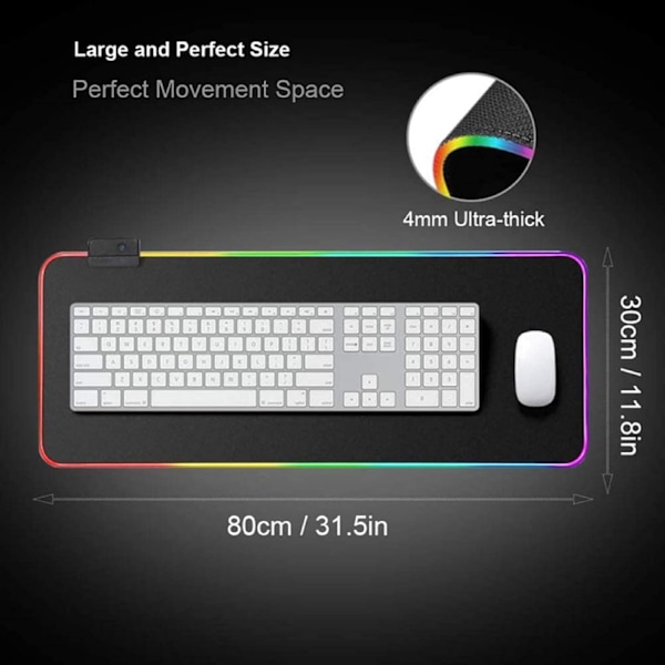 RGB Gaming Mouse Pad 800×300×4mm Thick Extended Gaming Mouse and Keyboard Mat with Non-Slip Rubber Base and 7 Lighting Modes