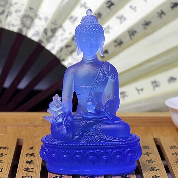 Tibetansk Medicin Buddha Staty, Translucent Resin Buddha Skulptur Meditation Längd 8 bredd 5 höjd 13cm gul