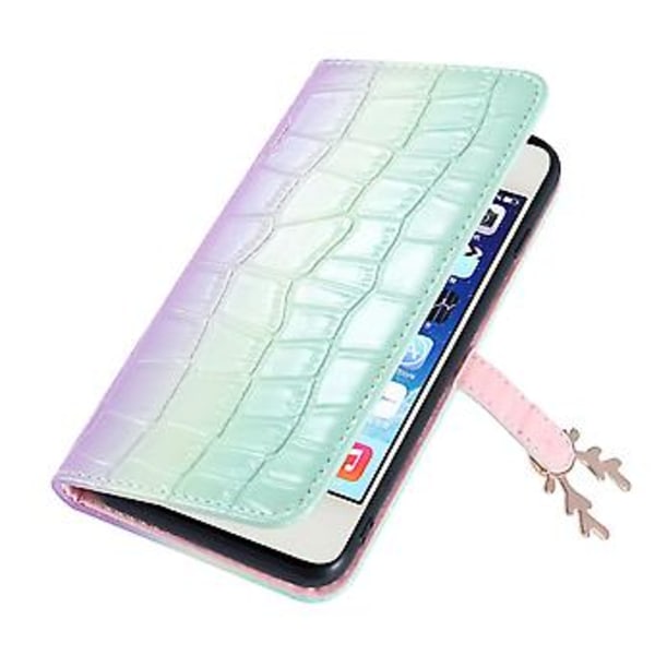 Telefonfodral med älgmönster för iPhone 5 5s SE med kortfack, snodd, PU-lädermaterial, plånboksfunktion, hörnfallskydd (lila grön)
