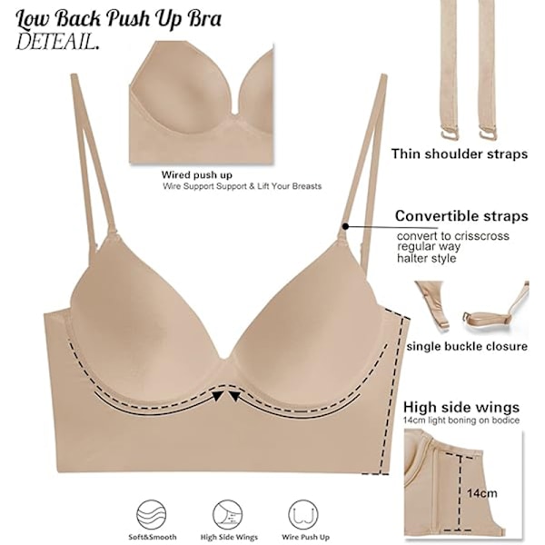 Lav rygg BH for kvinner Push Up dyp V-utringning ryggløs BH Hud Skin S